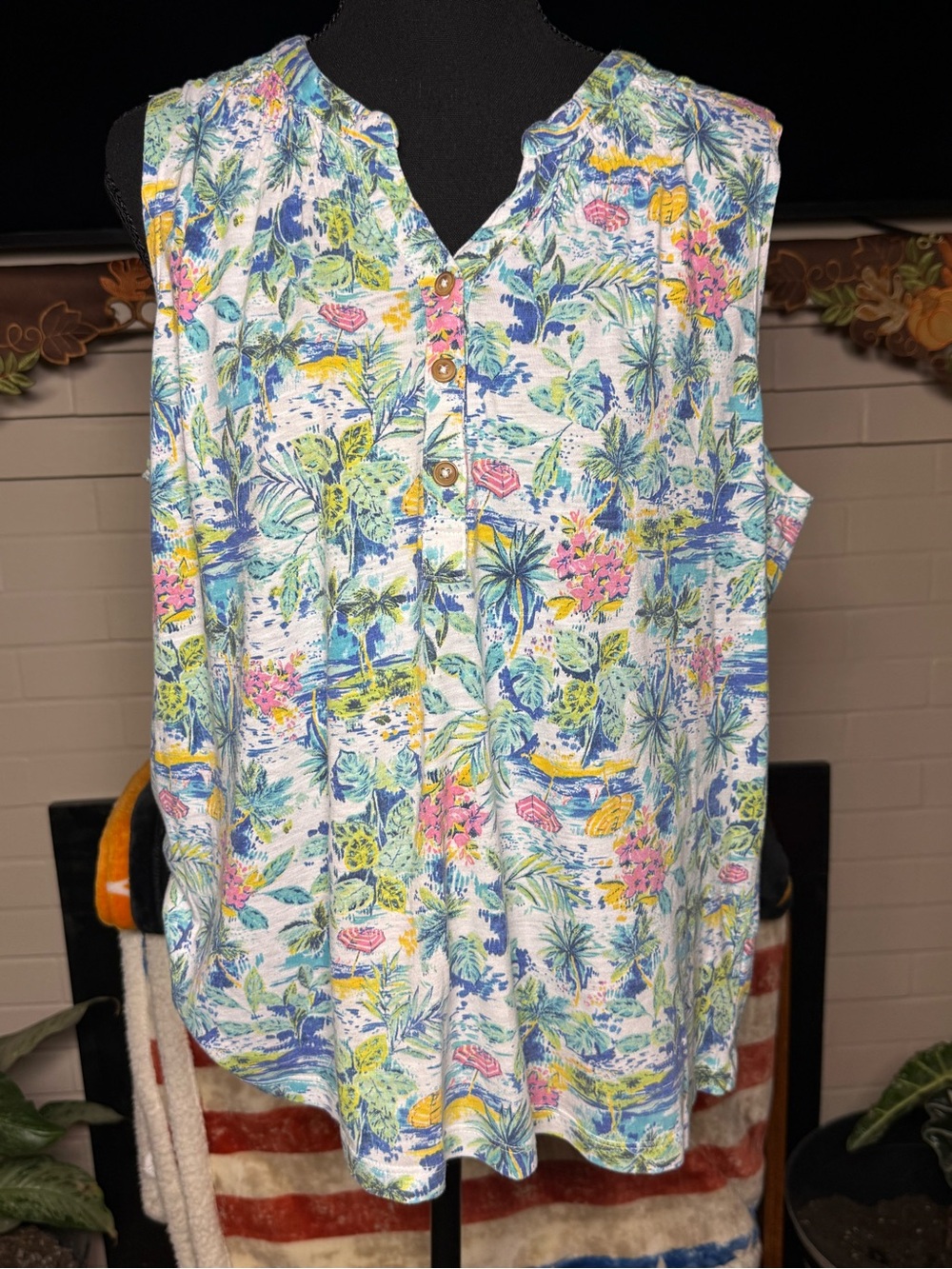 Caribbean Joe Sleeveless Tropical Tank - Blue, Pink & Yellow